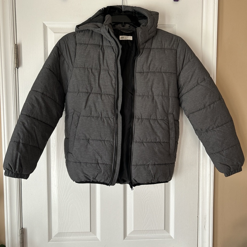 H & M Youth Grey Hooded Puffer Jacket w/Button Pockets ~ 100% Poly ~ Size US 14